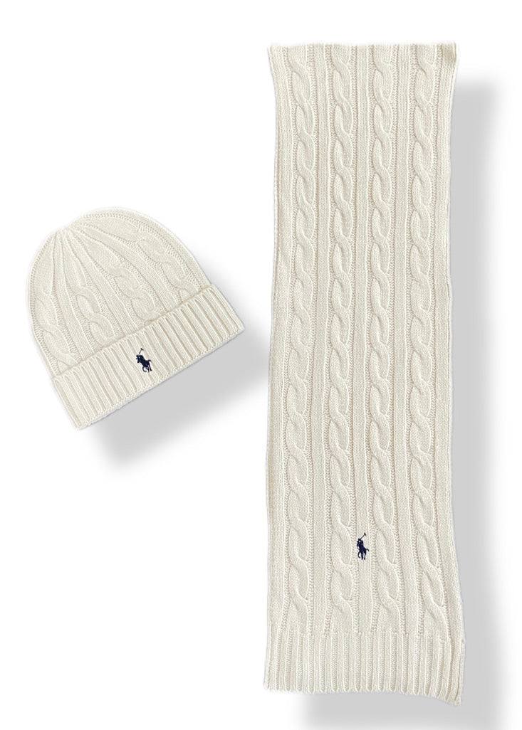 Polo Ralph Lauren Beanies Cable-Knit Cotton Parchment Cream Beanie and Scarf