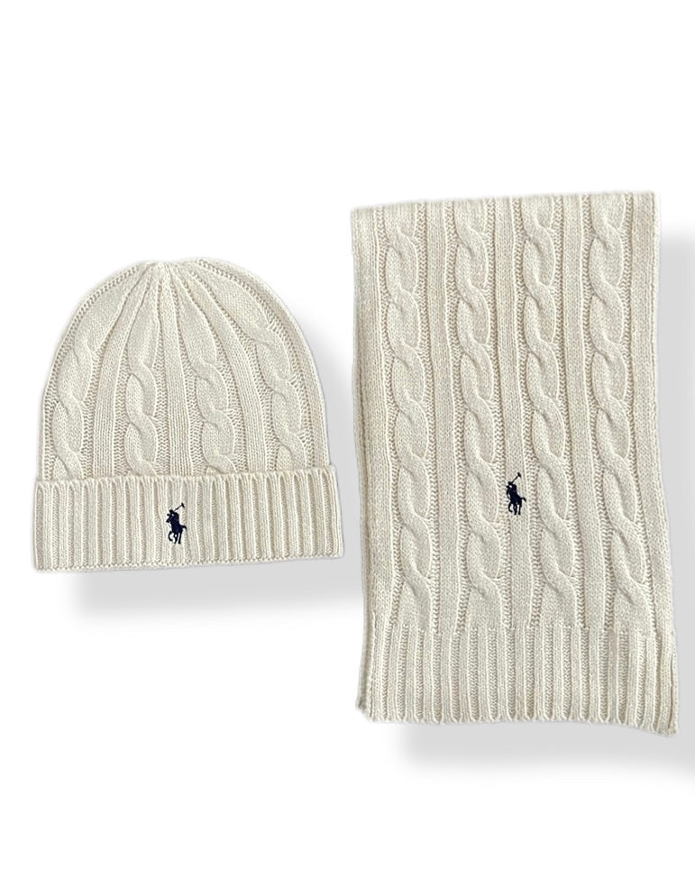 Polo Ralph Lauren Beanies Cable-Knit Cotton Parchment Cream Beanie and Scarf